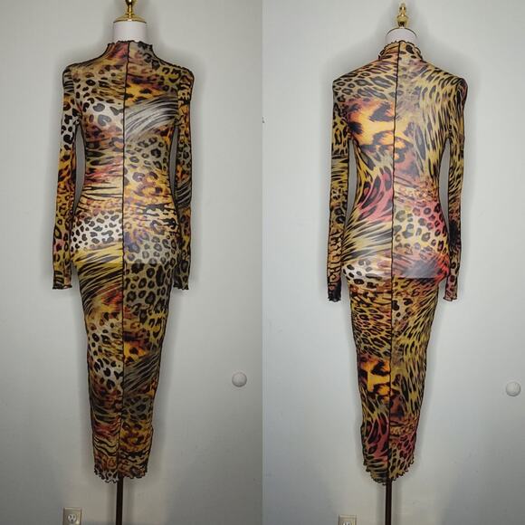 Blanc Sz M Green Leopard Zebra‎ Gold Glitter Sheer Midi Bodycon Dress Club Bday - Picture 1 of 8